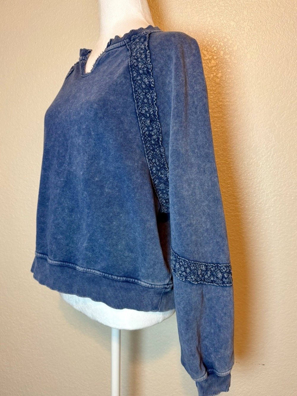 Aerie Hey Crochet Mineral Wash Blue Sweatshirt Crochet Lace Detail Oversize XS - Picture 3 of 15
